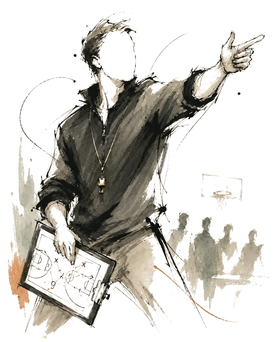 Ink and watercolor illustration of a coach on the sideline, holding a play-diagram clipboard in one hand and pointing out an adjustment with the other.