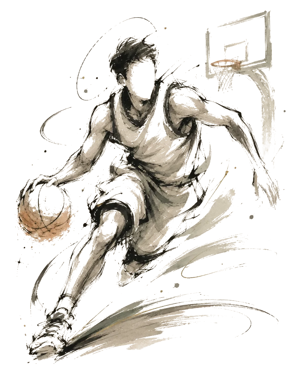 Ink and watercolor illustration of a basketball player driving toward the hoop, low on the dribble.
