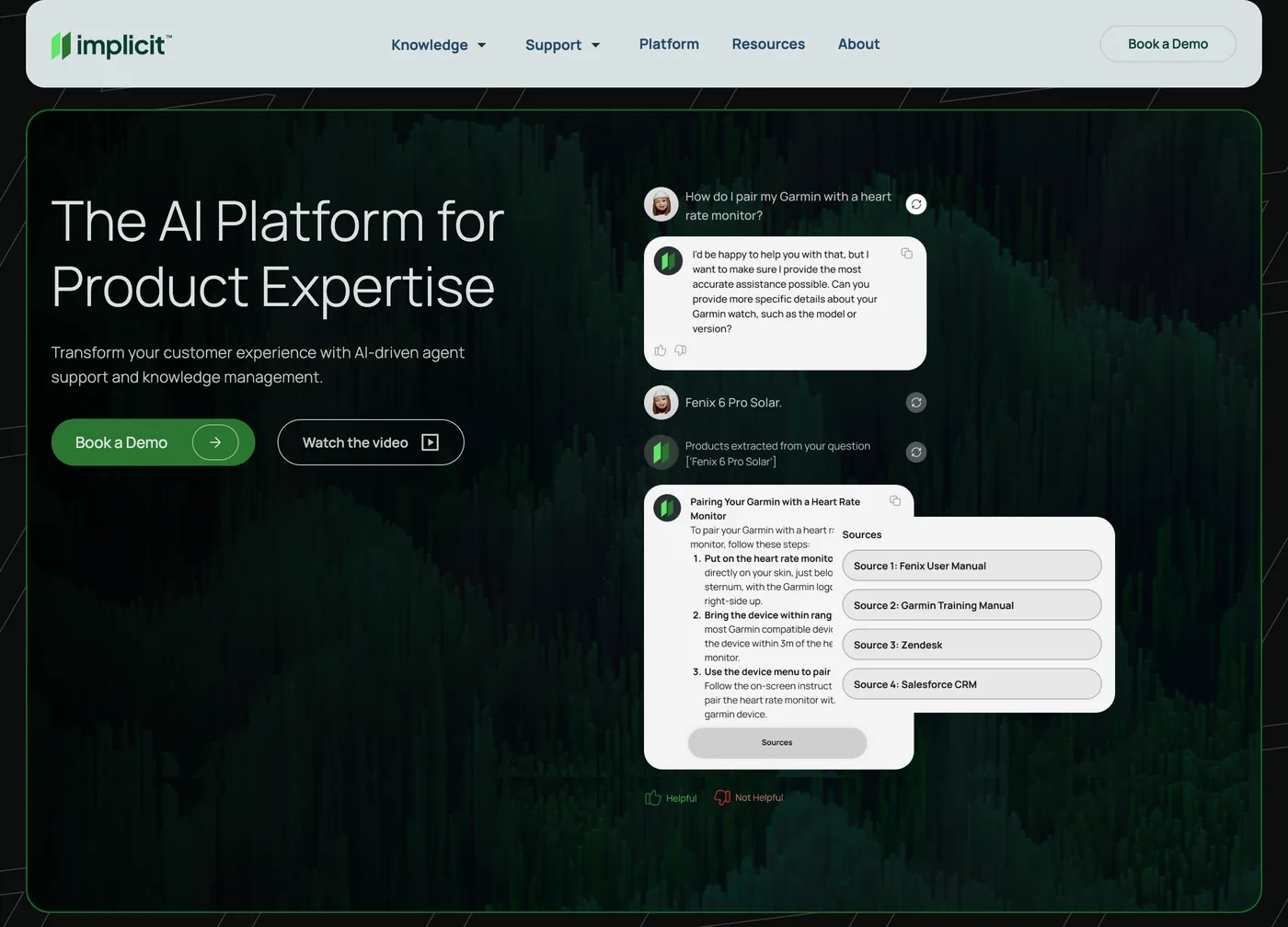Implicit homepage version one, headlined The AI Platform for Product Expertise, beside a support chat answering a Garmin device question with four cited sources.