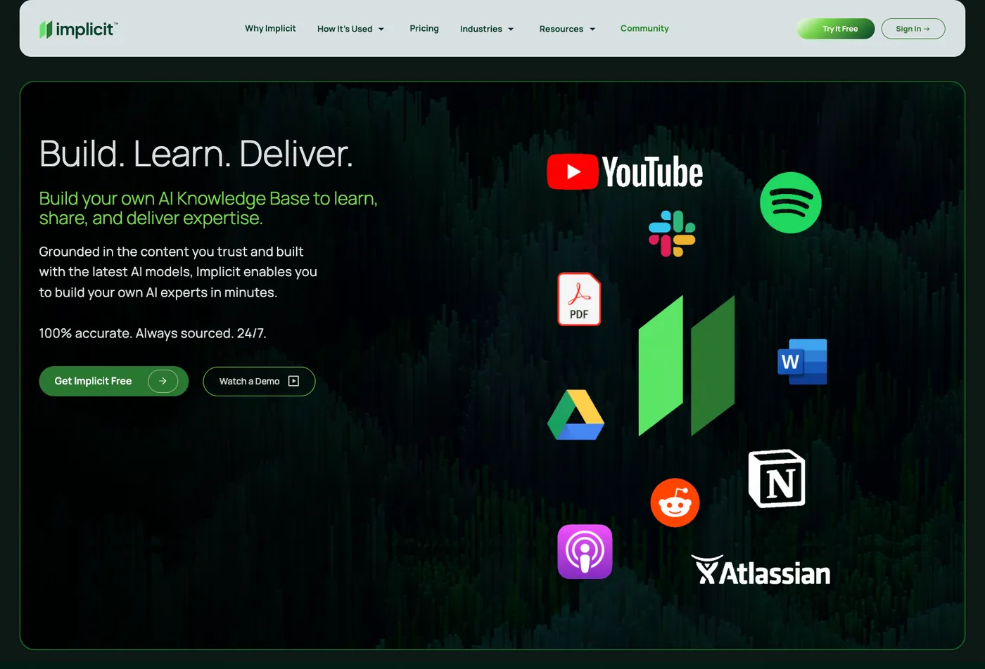 Implicit homepage version two, headlined Build. Learn. Deliver., surrounded by integration logos for YouTube, Spotify, Slack, PDF, Google Drive, Word, Notion, Reddit, and Atlassian.