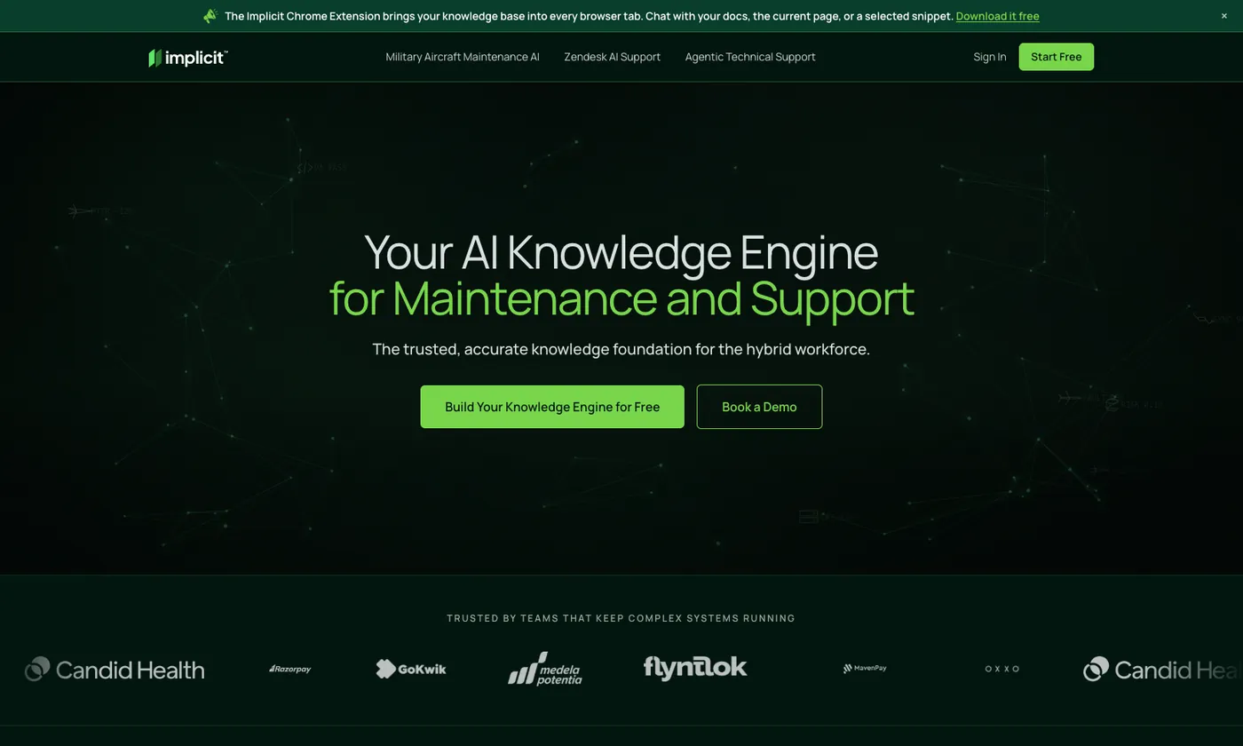 Implicit homepage version three, headlined Your AI Knowledge Engine for Maintenance and Support, with navigation for Military Aircraft Maintenance AI, Zendesk AI Support, and Agentic Technical Support, above a row of customer logos.