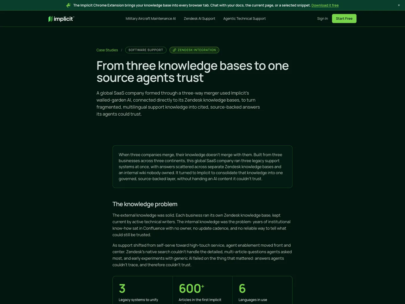 The Expedition case study on the Implicit site, headlined From three knowledge bases to one source agents trust, with metrics for three legacy systems, 600-plus articles, and six languages.