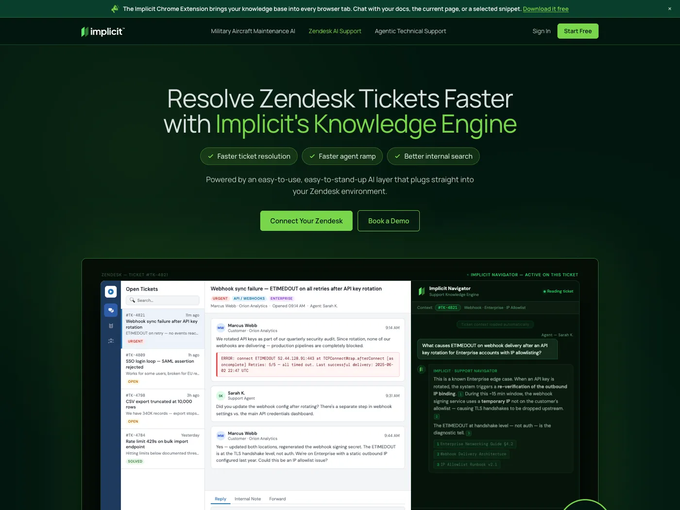 The Implicit Zendesk page, headlined Resolve Zendesk Tickets Faster with Implicit's Knowledge Engine, above a product view of a support ticket answered alongside the agent's inbox.