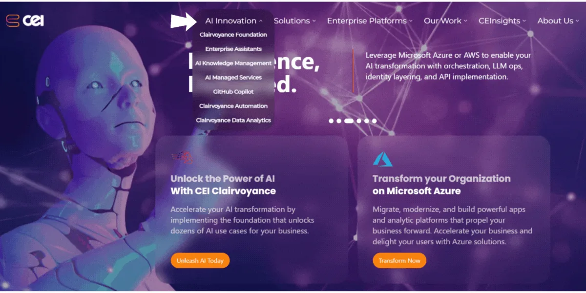 The CEI homepage with the AI Innovation menu open, listing Clairvoyance Foundation, Enterprise Assistants, AI Knowledge Management, AI Managed Services, GitHub Copilot, Clairvoyance Automation, and Clairvoyance Data Analytics, above a panel headlined Unlock the Power of AI With CEI Clairvoyance.