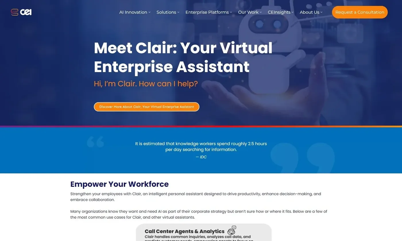 The Clair page, headlined Meet Clair, Your Virtual Enterprise Assistant, with the line Hi, I am Clair. How can I help? above a research quote that knowledge workers spend roughly 2.5 hours per day searching for information.