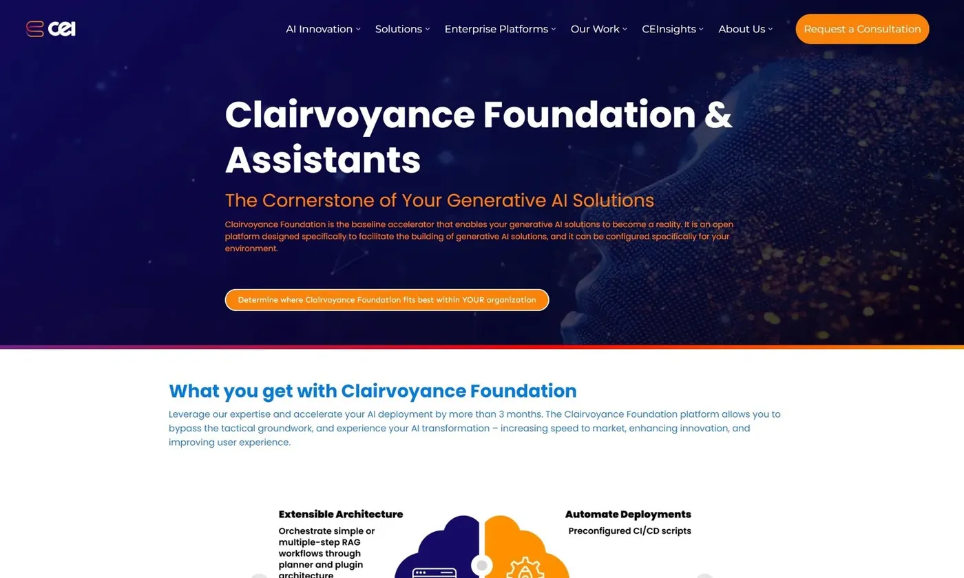 The Clairvoyance Foundation and Assistants page, headlined Clairvoyance Foundation and Assistants, with the subhead The Cornerstone of Your Generative AI Solutions and a call to action reading Determine where Clairvoyance Foundation fits best within YOUR organization.
