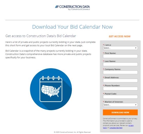 The Bid Calendar landing page, offering a downloadable calendar of projects currently bidding in the visitor's state.