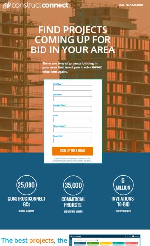 The Coming Up For Bid landing page, leading with a product demo request over a photograph of a construction site.
