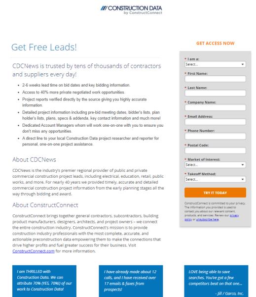 The Construction Data paid search landing page, headline and body copy written to match the search ad that sent the visitor there.