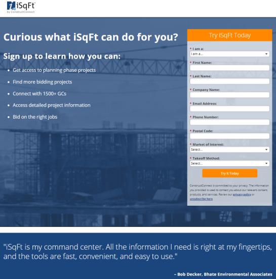 The legacy iSqFt paid search landing page, carrying a different brand and value proposition from the ad that sent the visitor.