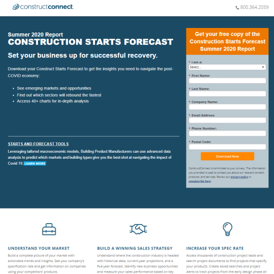 The Construction Starts Forecast landing page, offering a downloadable summer 2020 market report next to a short form.